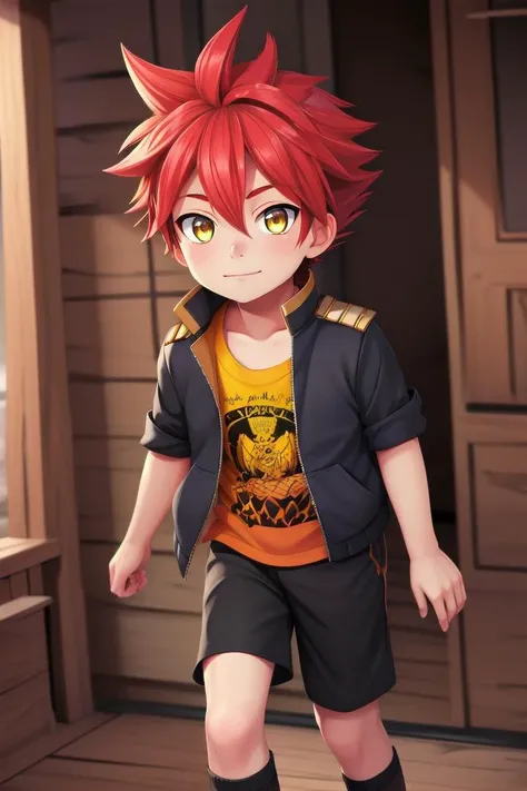 a young boy with red hair and a yellow shirt stands in front of a wooden door