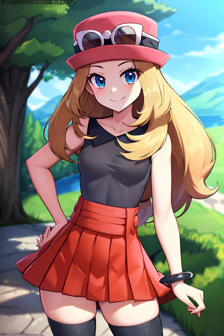 ((Obra maestra,mejor calidad)), absurdos,  serena \(pokemon\), 1 chica, pelo largo, blue eyes,  muslos, pelo largo, tiene, joyas, pulsera, black muslos, camisa de cuello, falda plisada, falda roja, sin mangas, falda de cintura alta, sin mangas shirt, Pestañas, sombreros rosas, la camisa negra, gafas en sombreros, solo, sonriente, mirando al espectador, tiro de vaquero,  composición cinematográfica, contrastado,