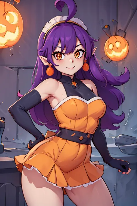 <lora:twistedscarlett60_style:0.8>,((masterpiece,best quality)), absurdres, <lora:Stardust_Pumpkins_Citron_OC_Anime:0.8>, Stardust_Pumpkins_Citron_OC,  1girl, solo, long purple hair,  orange eyes, ahoge, pointy ears, orange dress, elbow gloves, bare shoulders, maid headdress, jewelry, earrings,  solo, smiling, looking at viewer, cowboy shot,  cinematic composition,  , contrapposto,