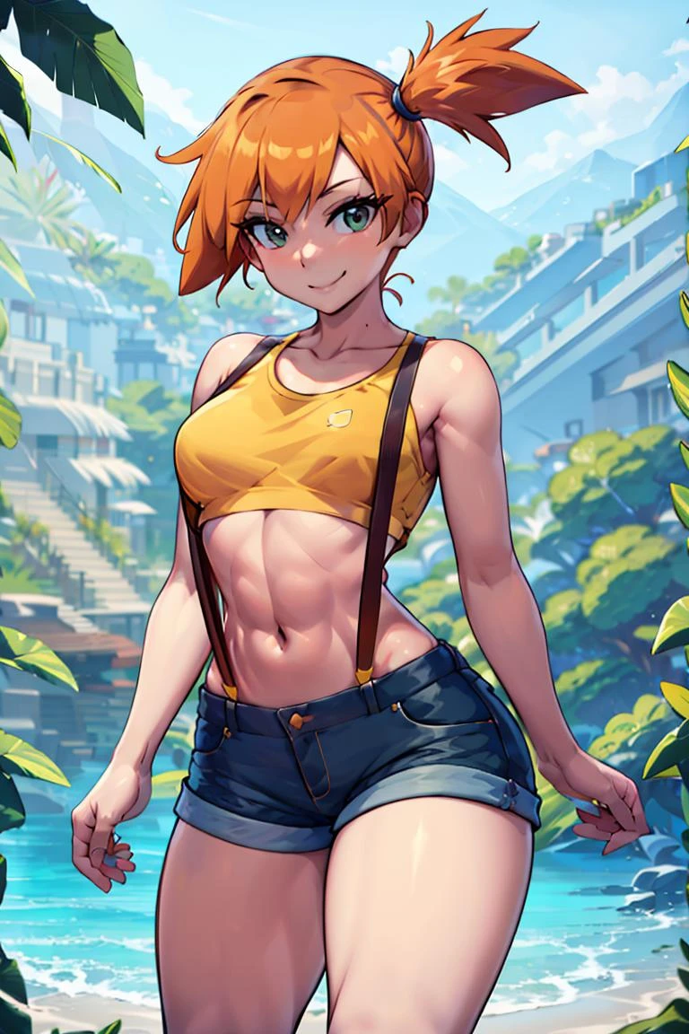 ((masterpiece,best quality)), absurdres, Misty_Pokemon, yellow crop top, suspenders, side ponytail, orange hair, denim shorts, solo, smiling, looking at viewer, cowboy shot, cinematic composition, contrapposto, tropical beach,