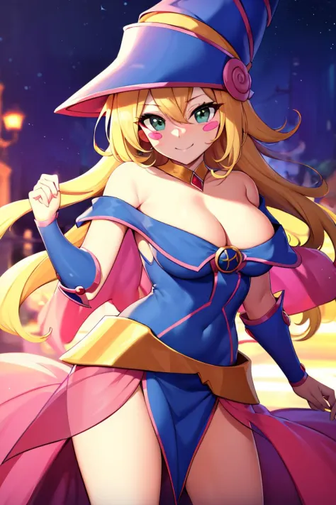 <lora:twistedscarlett60_style:0.8>,((masterpiece,best quality)), absurdres, <lora:dark_magician_girl_v1:0.7>, hmdmg1, wizard hat, blush, blush stickers, cleavage, bare shoulders, dress, off shoulder, solo, smiling, looking at viewer, cowboy shot, cinematic...