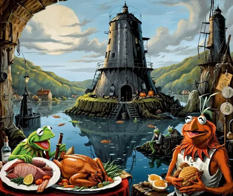 Thanksgiving dinner, under water swimming with fishes,Background is stunning 17th century european village scenery, detailed and intricate environment, oil painting, palette knife soft brushstrokes, heavy strokes, dripping paint, art station on trend, sharp focus, intricate details, highly detailed,in a cold war bunker, missile silo,on the set of The Muppets, Kermit the Frog in the background, <lora:Gerald_Brom_XL_-_Dark_Fantasy_Art:0.5> Gerald Brom, Dark Fantasy ,<lora:tag is mgcilu:0.8> mgcilu