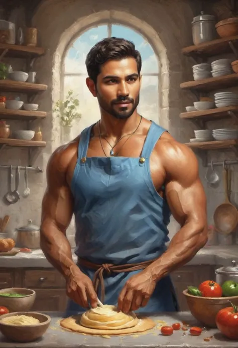 digital painting. action shot. epic fantasy, medieval. a handsome muscular compassionate (medium-dark-tan-skinned:1.3) 35-year-old mexican (baker:1.6) in the kitchen. short hair. (short beard:1.5). blue tunic. jewelry. smooth lines, perfect composition