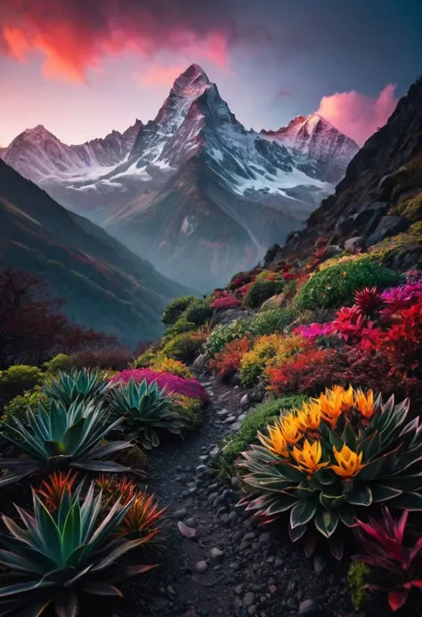 (majestic mountain landscape), cinematic lighting, (multicolor dark atmosphere), otherworldly, (intricate details), exotic plant...