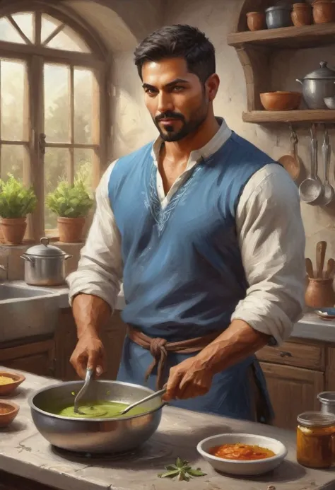 digital painting. action shot. epic fantasy, medieval. a handsome muscular compassionate (medium-dark-tan-skinned:1.3) 35-year-old mexican (healer:1.6) cooking in a kitchen. short hair. (short beard:1.5). (olive-eyes:1.4). blue tunic. jewelry. smooth lines, perfect composition