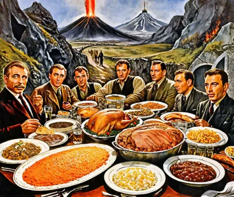 Thanksgiving dinner, on the set of Who Framed Rodger Rabbit,in a cold war bunker, missile silo,Background is stunning 17th centu...