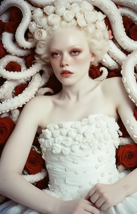 foto de filme analógico. close extremo do rosto de uma mulher escultural de Tobagon com um pequeno sorriso usando um vestido de noiva e deitada em uma cama feita de grandes tentáculos albinos, rosas vermelhas, Pétalas de Sakura, flores de algodão, maquiagem fabulosa, rosto detalhado, Beleza estonteante, pele detalhada, textura da pele, poros da pele, (sardas:1.05). luz forte, sombras duras, filme desbotado, Desaturado, Foto 35mm, granulado, vinheta, vintage, Kodacromo, lomografia, manchado, Altamente detalhado, filmagem encontrada