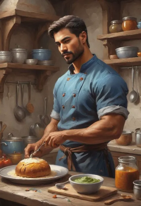 digital painting. action shot. epic fantasy, medieval. a handsome muscular compassionate (medium-dark-tan-skinned:1.3) 35-year-old mexican (baker:1.6) in the kitchen. short hair. (short beard:1.5). blue tunic. jewelry. smooth lines, perfect composition