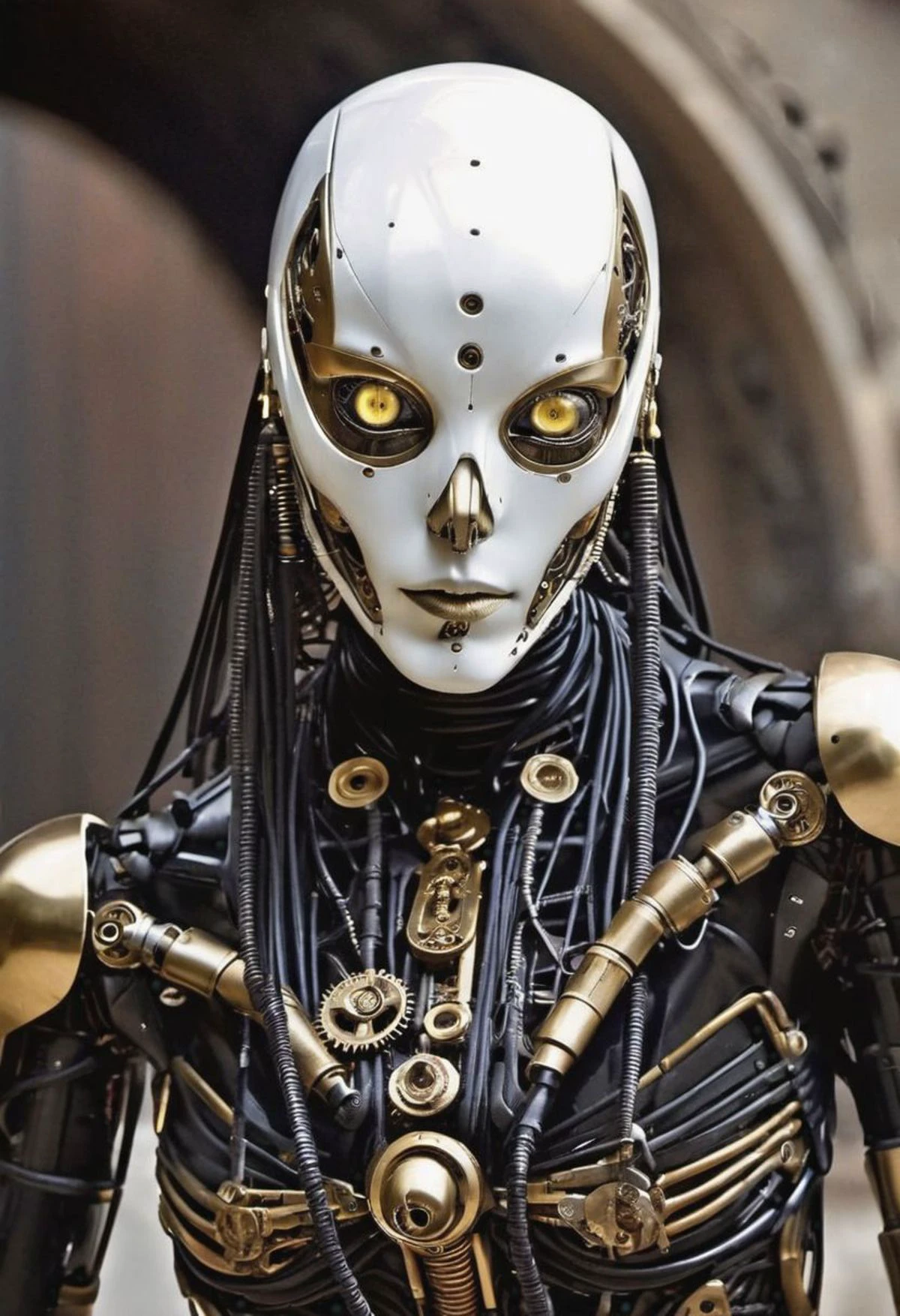 (girl), (skinny), (slender), (alien), (thin), (robot), (android), (cybernetic), (dune), (smooth), (cyborg), (mechanical), (tubes), (gears), (claws), (tentacles), (giger), (nun), (cross), (devine), (veil), (gold teeth), (rings), (golden teeth), (white eyes),(Utopia) A 
