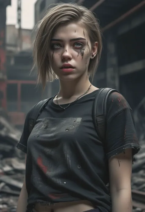 Young beautiful Girl hiding in shattered industrial atmosphere, post apocalyptic ruined city, black tattered shirt, high detail,...