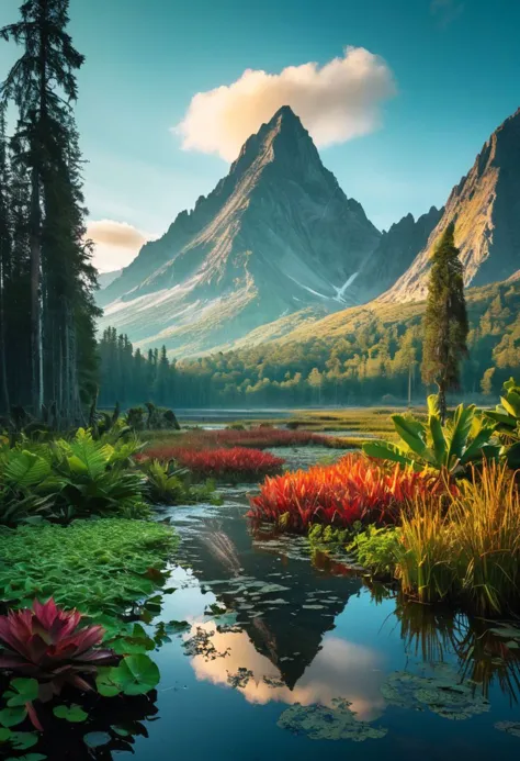 (majestic mountain and swamp landscape), cinematic lighting, (multicolor atmosphere), otherworldly, (intricate details), exotic ...