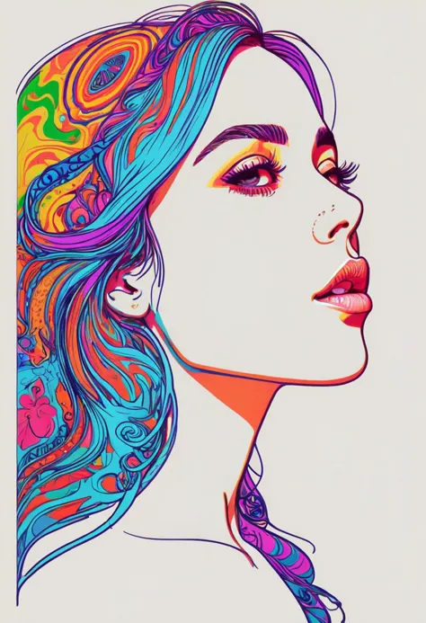psychedelic, woman, drawing, from side, portrait ,detailed, 8k, simple background,