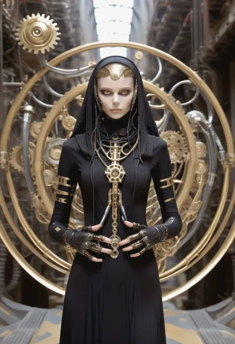 a woman in a black dress and gold jewelry standing in front of a clock