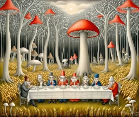 Thanksgiving dinner, in 1920s Poland, world war 1, WWI, tanks, mechs, wheat fields,in a fantasy mushroom forest, sparkling forest magic, <lora:Nicoletta_Ceccoli:0.5> Nicoletta Ceccoli ,<lora:Escher_Blend:0.5> art by escher, escher