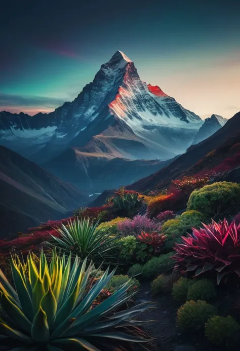 (majestic mountain landscape), cinematic lighting, (multicolor dark atmosphere), otherworldly, (intricate details), exotic plant...