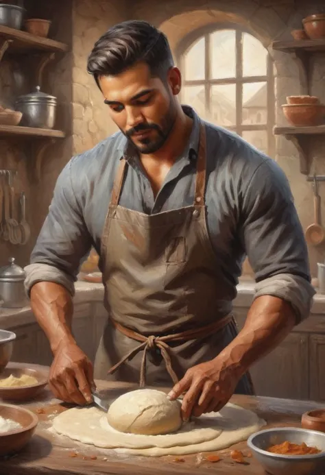 digital painting. action shot. epic fantasy, medieval. a handsome muscular compassionate (medium-dark-tan-skinned:1.3) 3 mexican (baker:1.6) kneading dough in the kitchen. short hair. (short beard:1.5). tunic. jewelry. smooth lines, perfect composition