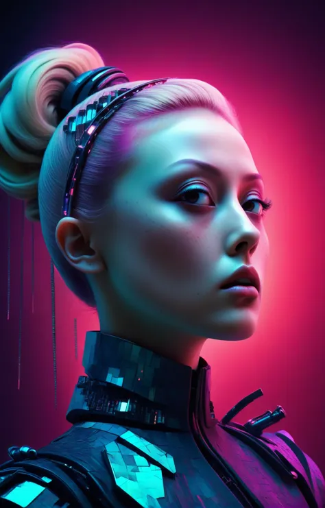 1950s retrofuturism, dark and moody from the side photo of a beautiful  woman, freckles, ruby eyes, blonde ponytail, detailed face, stunning beauty, detailed skin, skin texture, skin pores, (freckles:1.05), abstract geometric gradients, glowing fractals, opalescent, dichroic, holographic vogue photoshoot, surreal cyberpunk cityscape engulfed in neon hues, two tone silhouette, detailed <lora:Bas_Waijers_-_Artstyle_Style_SDXL:1>, crimson sky