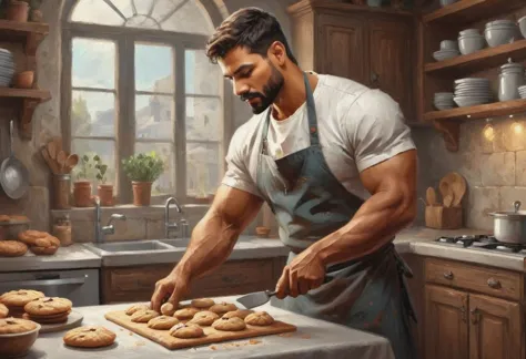 peinture numérique. photo d&#39;action. Fantaisie épique, médiéval. un beau musclé compatissant (à la peau moyennement foncée:1.3) Mexicain de 35 ans (boulanger:1.6) faire des biscuits dans la cuisine. Cheveux courts. (barbe courte:1.5). tunique. bijoux. lignes douces, composition parfaite