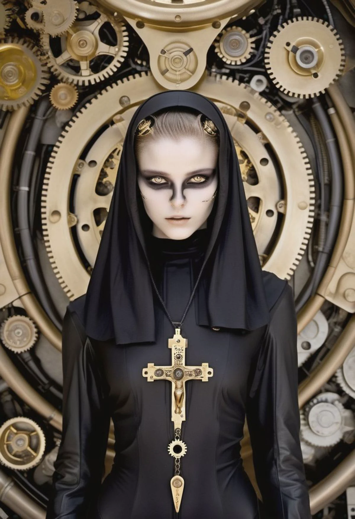 (girl), (skinny), (slender), (alien), (thin), (robot), (android), (cybernetic), (dune), (smooth), (cyborg), (mechanical), (tubes), (gears), (claws), (tentacles), (giger), (nun), (cross), (devine), (veil), (gold teeth), (rings), (golden teeth), (white eyes), 