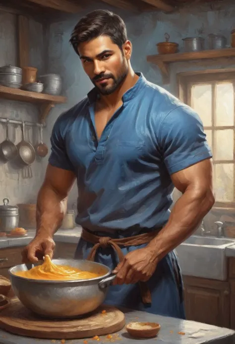 digital painting. action shot. epic fantasy, medieval. a handsome muscular compassionate (medium-dark-tan-skinned:1.3) 35-year-o...