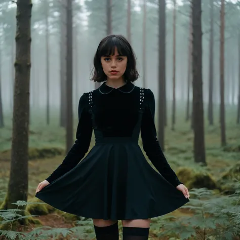 a woman in a black dress standing in a forest