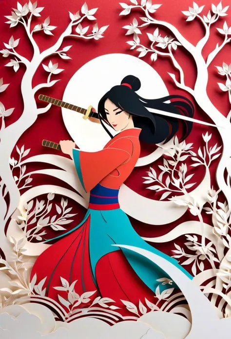 A mesmerizing paper-cut animation of the iconic tale of Mulan comes to life on the screen. Every delicate detail meticulously crafted out of paper unfolds before your eyes, showcasing the determined spirit of Mulan. The intricate paper scenes blend vibrant colors with the ancient art of papercutting, capturing Mulan's courage and determination as she goes against societal expectations to protect her family and honor. This enchanting animation captivates viewers with its exquisite precision and awe-inspiring artistry, immersing them in the compelling story of Mulan's heroic journey. (((Paper cutting art style))), by Skyrn99, high detail, high quality, high resolution, dramatically captivating
