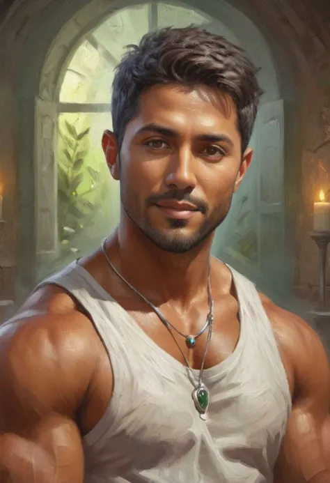 digital painting. action shot. epic fantasy, magic. a handsome muscular compassionate (medium-dark-tan-skinned:1.3) 35-year-old ...
