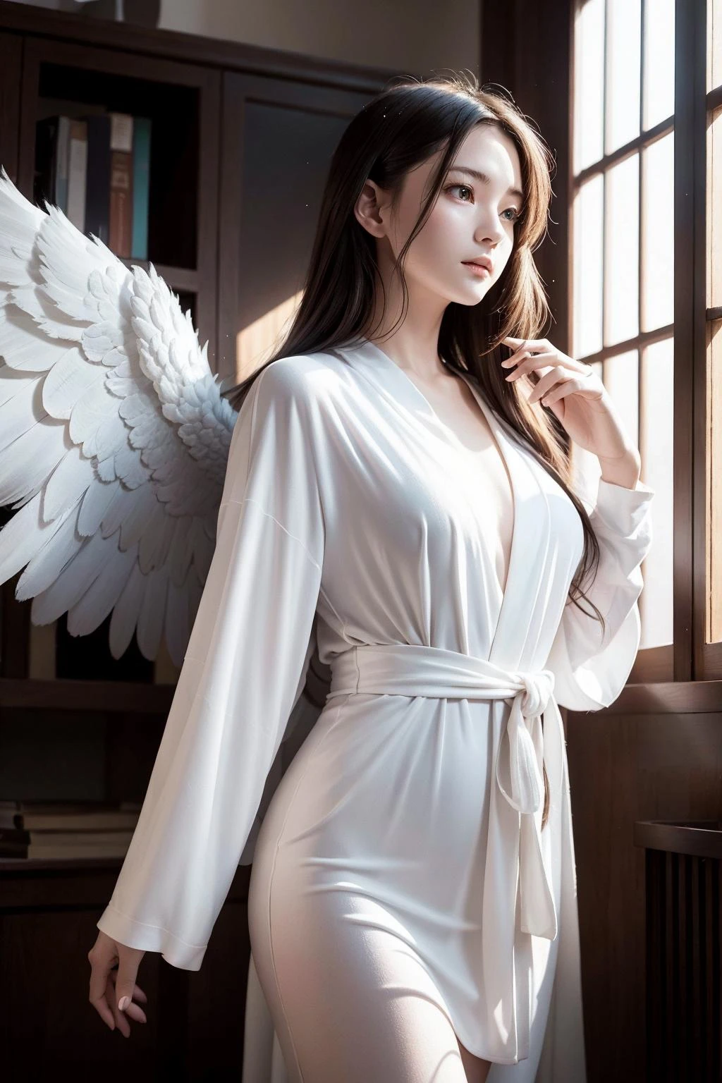 (фото реалистичный:1.2), милая девушка BREAK динамический ракурс, Ангел, освещать, классический халат, Магический эффект,