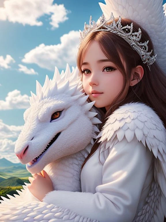 ,Die schöne Szene zeigt, dass ein schönes Mädchen in den Armen eines riesigen weißen Drachen im Märchenland liegt, umgeben von weißen Wolken, hd, Traum, Ultraweitwinkel, Hyperrealismus, Hyperdetailliert.