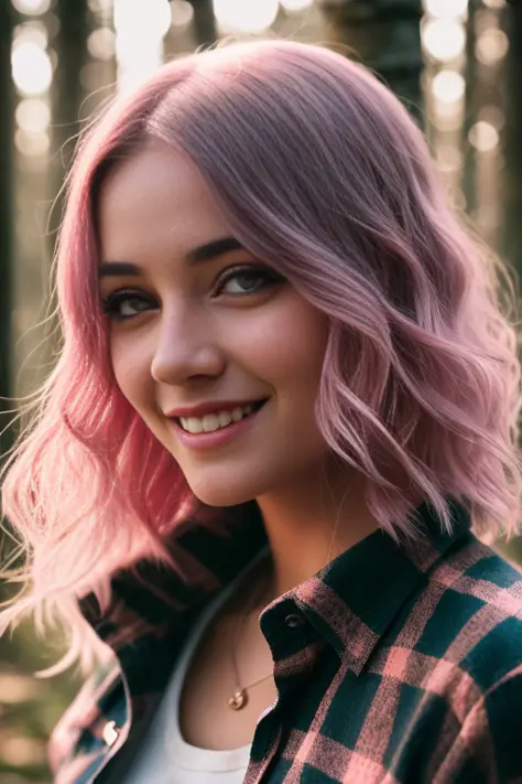 portrait of a beautiful [girl | woman] with pink hair in a red plaid shirt standing in the forest, wispy hair, contrast, texture...