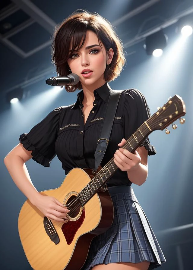 A cute pop singer with short hair and symmetrical teary eyes holds a guitar and sings into headphones, wearing a pleated skirt, with a dynamic angle, captured in a high-detailed cowboy shot, exuding a melancholy emotion, featuring soothing tones and a contrasting mix of light and shadow, all while emphasizing the subject's hair, eyes, mouth, and action in a composition that is both pleasing to the eye and thought-provoking.