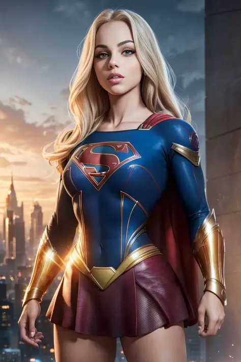 a photo of a beautiful S032_AnaMariaMarkovic, as (supergirl:1.1), in (Metropolis:1.2), (8k, RAW photo, best quality, ultra high res, photorealistic, masterpiece, ultra-detailed, Unreal Engine)