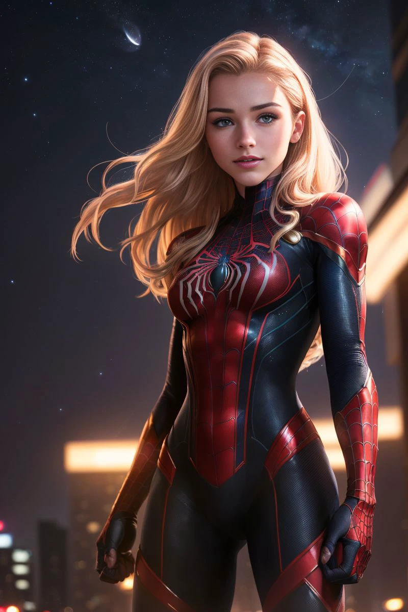a photo of an attractive S033_RileyGuava, as (Spidergirl:1.1), (nighttime:1.3), (8k, RAW photo, best quality, ultra high res, photorealistic, masterpiece, ultra-detailed, Unreal Engine)