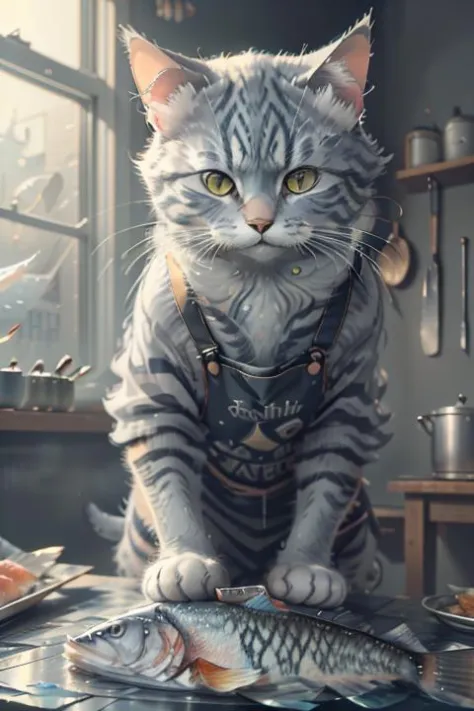 <lora:c4ttitudeflexver:0.8>, close-up photography of (grey tabby cat:1.2) (cuts the fish with a knife on the table:1.2), (c4ttit...