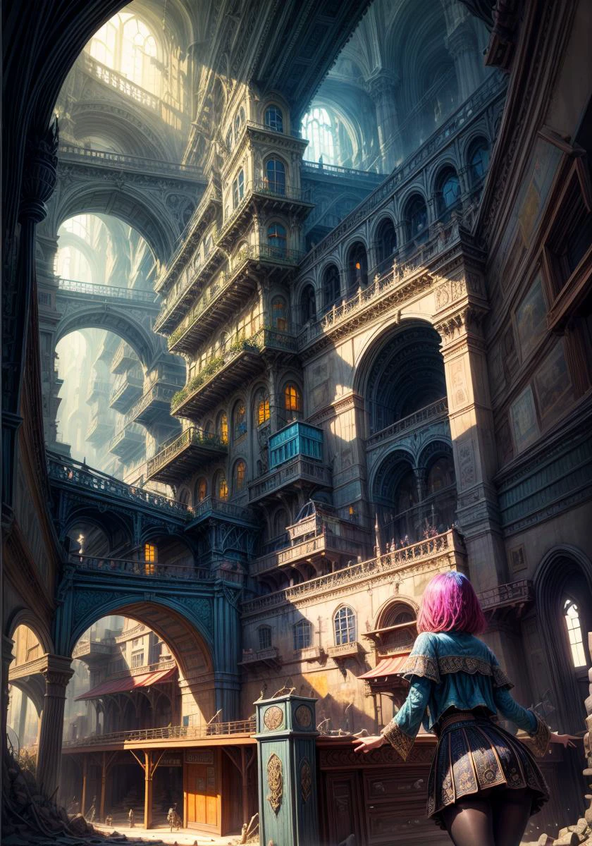 girl look at artist's fantasy city with open rooms, lots of light, incredible details, absurd colors, many mess peoples, bright and rich colors, colourful, (oversaturated:1.2), ultra realistic, hyperrealistic, trending on artstation, (intricate details:1.2), 