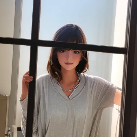 arafed woman standing in front of a window with a gray shirt