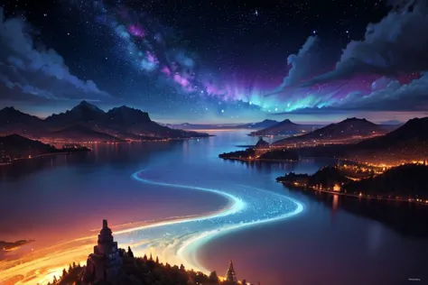 a view of a lake with a mountain and a sky filled with stars