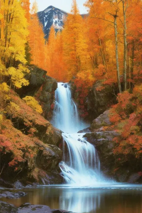 a painting of a waterfall in the middle of a forest