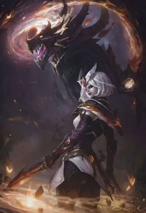 1girl, solo, skinny, short white hair, dragon armor, sacrificial altar, absolute darkness on the background<lora:add_detail:0.7>...