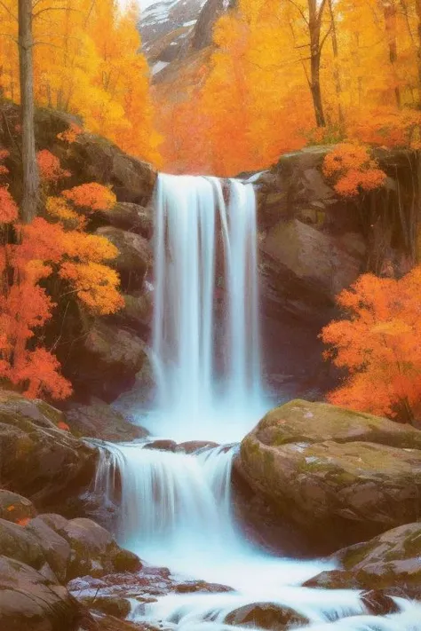 a painting of a waterfall in a forest with fall foliage