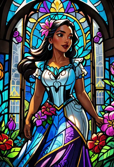 a cartoon image of a woman in a blue dress standing in front of a stained glass window