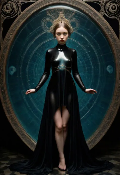 a woman in a black dress standing in front of a large circular mirror