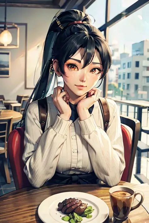 Masterpiece, best quality, DOAMomiji, large breasts, beautiful face, beautiful eyes, ponytail, long hair, amber eyes, black hair, pov across table,looking at viewer,sitting, BREAK  CONCEPT_pov_dating_ownwaifu,www.ownwaifu.com,  1girl,solo,cup,food,smile,table,blush,plate,blurry,drinking glass,fork,depth of field,blurry background,holding,indoors,blurry foreground,YMkan,restaurant,spoon,cafe,glass,ice cube,head rest,