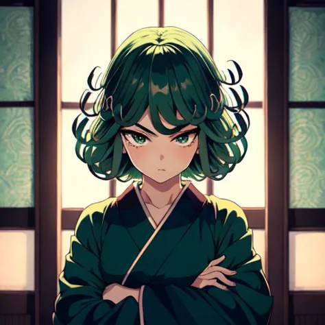 masterpiece, best quality, detailed face, detailed eyes,  thick eyebrows, hair ornament, kimono, crossed arms, standing, bedroom, 1girl, tatsumaki, green eyes, green hair