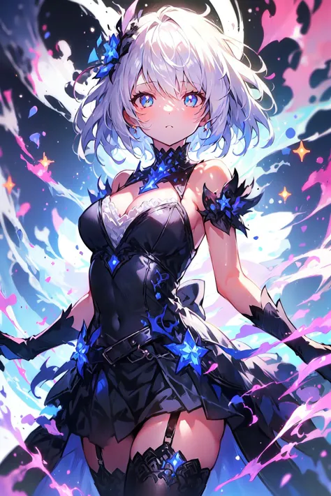 1girl, white hair, short hair, garter, garter straps, dress, glowing, glow, (skindentation:1.2),
<lora:Outfit_LucentDream:0.8> <...