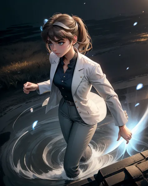 a woman in a white jacket and gray pants standing on a dock