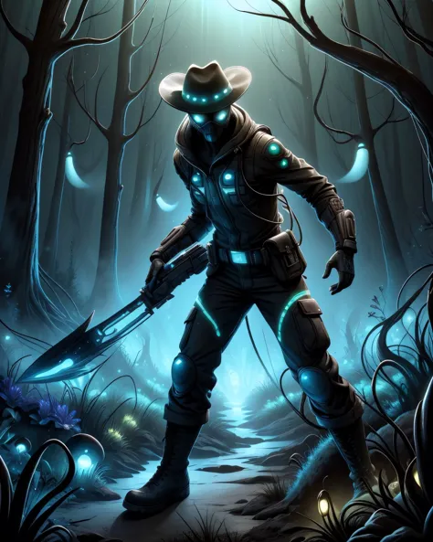 Pan Shot of Safari: Utility jumpsuit, combat boots, and a wide-brimmed hat. <lora:Gloomifier_V2_TheGlow:1.0> bioluminescence, <l...