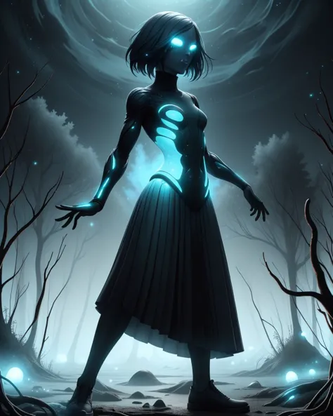 Insert Shot of Pleated midi skirt, a fitted turtleneck, and a long coat. <lora:Gloomifier_V2_TheGlow:1.0> bioluminescence, <lora...