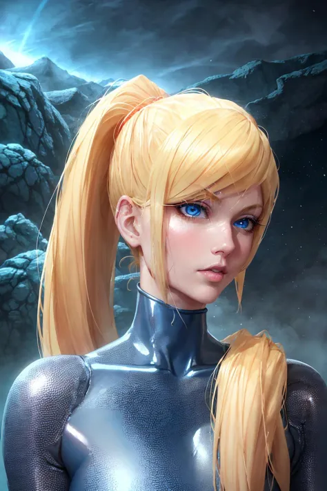 portrait, samus aran on an alien world, sitting, 3D, octane render, ([anime|realistic|anime]), metroid prime, 1girl,  solo, mature female, medium breasts, thigh gap, wide hips, serious expression, BREAK,
blue eyes with blonde eyebrows, (detailed face), ful...