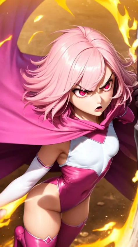 masterpiece,best quality,upper body,face,torso,detailed skin,[anime|realistic|anime],from above,looking up,angry expression,particles in air,cinematic lighting,short and (messy pink hair),(glowing pink eyes),pink eyebrows,(pink cape:1.2),medium breasts,(el...